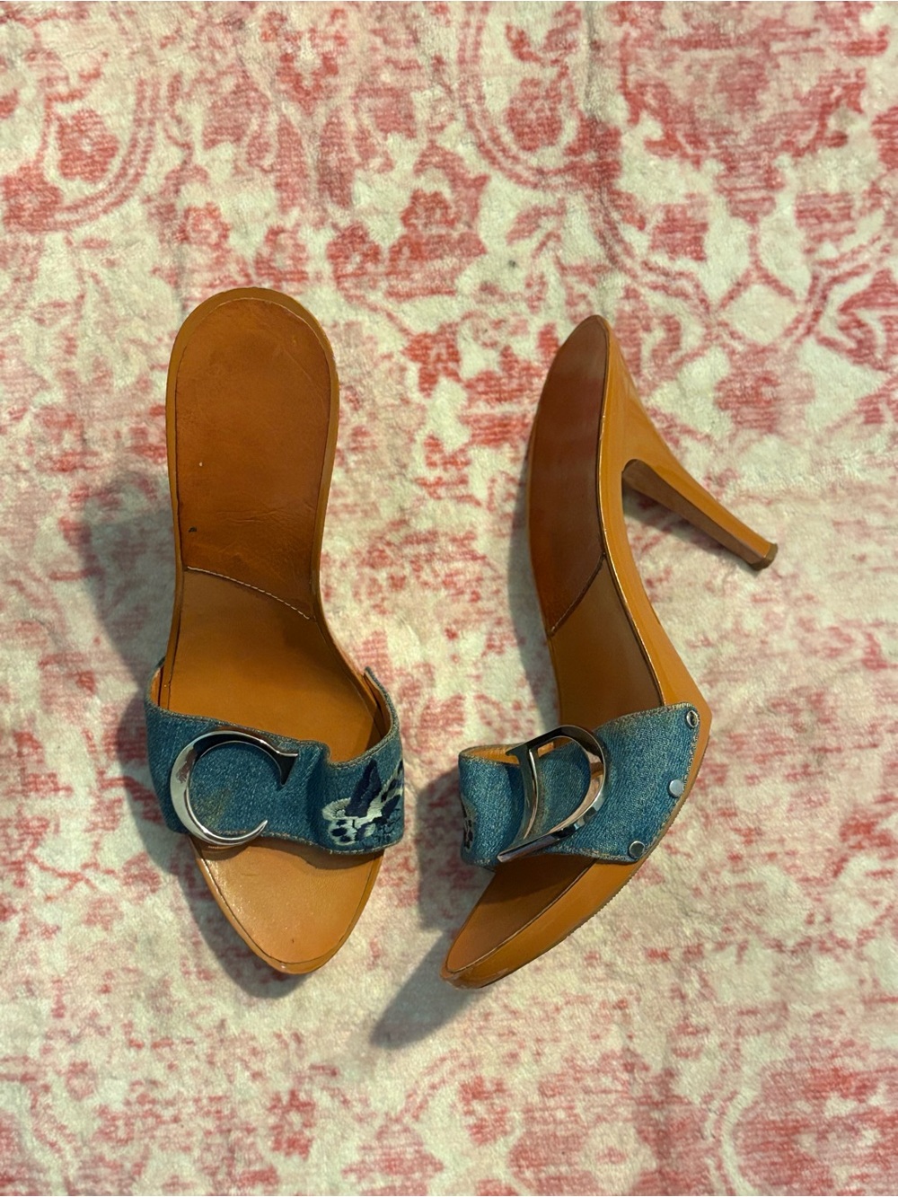 Denim Slide Sandals with Silver Buckle - Women's Brown Insole - Picture 2 of 5